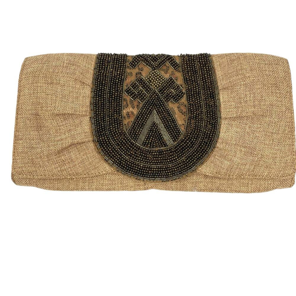Chico’s Burlap Envelope Clutch Handbag With Beaded Front Detail Boho Preowned
